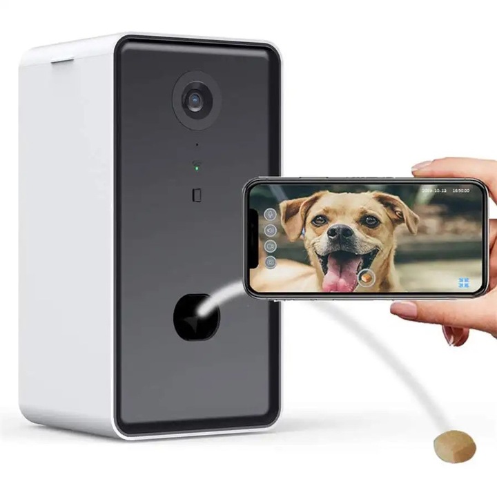 Dispenser de recompense pentru animale, camera video incorporata, vedere nocturna, camera HD, unghi larg 165°, microfon, difuzor, conexiune Wi-Fi, aplicatie pentru telefon, capacitate 0, 5 L
