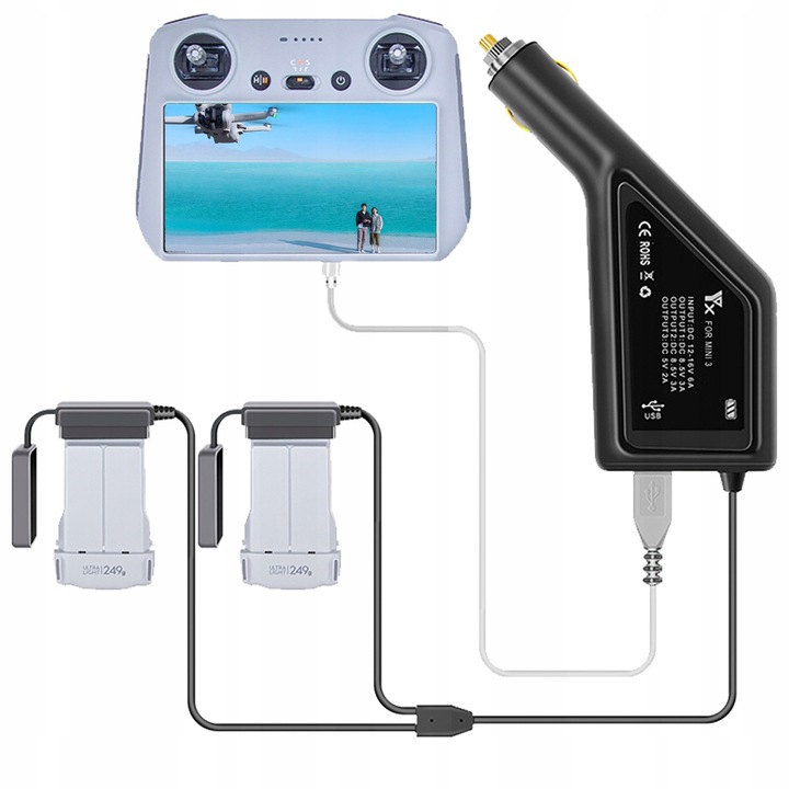 Зарядно за кола, за дрон, съвместимо Dji Mini 3 / 3 Pro, 12-16V 6A, 8, 5V 3A, 5V 2A, черно