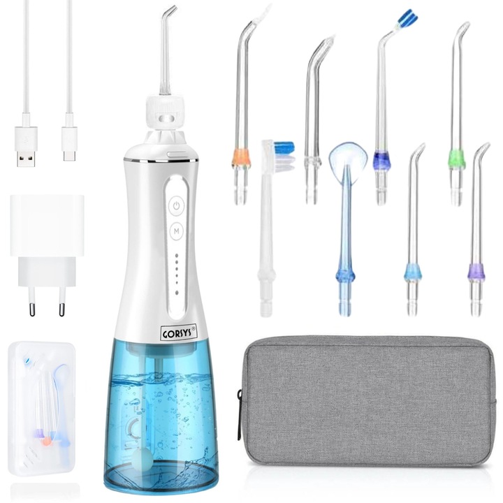 Irigator Oral Profesional Gorsys® Whitening cu Duza Multifunctionala pentru Albire si Improspatare, 5 Trepte de Presiune, Dus Bucal Portabil, 300 ml, Baterie 2500 mAh, Cablu USB-C, Adaptor, Geanta transport, Carcasa si 9x Duze incluse