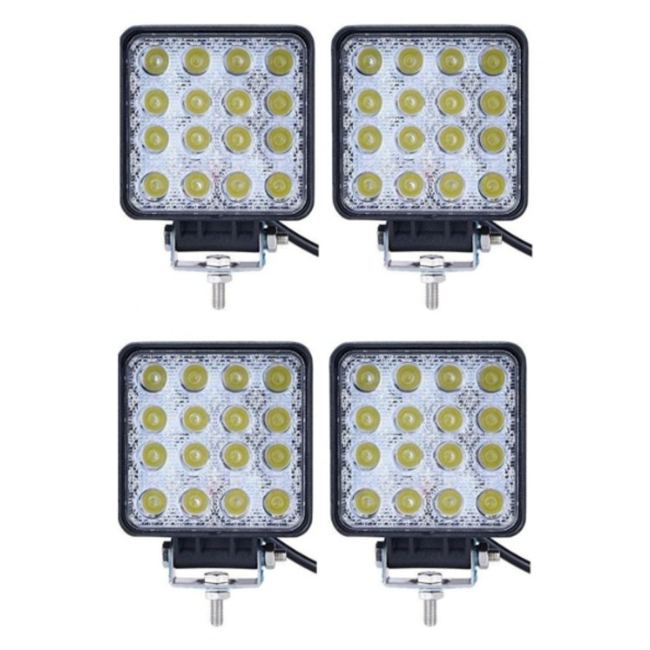 Set 4 Proiectoare LED Auto 48W Off Road 12V-24V, 16 LED High Power, IP67, Lumina Alba 6000K, Carcasa Aluminiu – Proiectoare SUV 4x4 ATV Camion Utilaje