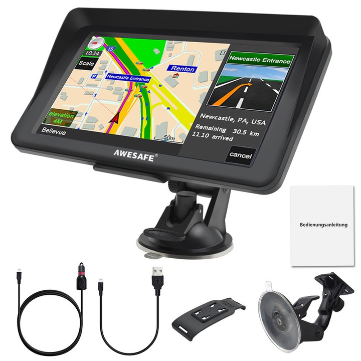 GPS navigáció, AWESAFE, 7 hüvelykes érintőképernyő, Európa 2023 térképek, 256 MB RAM, 8 GB belső memória