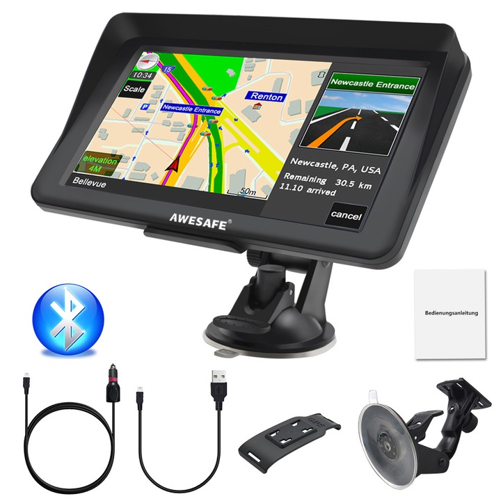 Navigatie GPS, AWESAFE, Ecran tactil 7 inch, Harti Europa, 256 MB RAM, 8 GB memorie interna, Harti 2D/3D, Planificare inteligenta a rutelor, Suporta mai multe limbi si harti europene