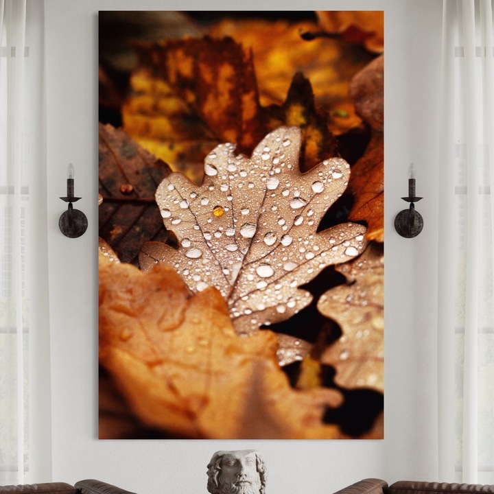 Премиум картина върху платно, LuxCanva® A1362, Капки роса, 100 X 150 см, 100% памучно платно 400 г/м2, дървена рамка, хол, листо, дъб, есен, мед, природа, ярки цветове