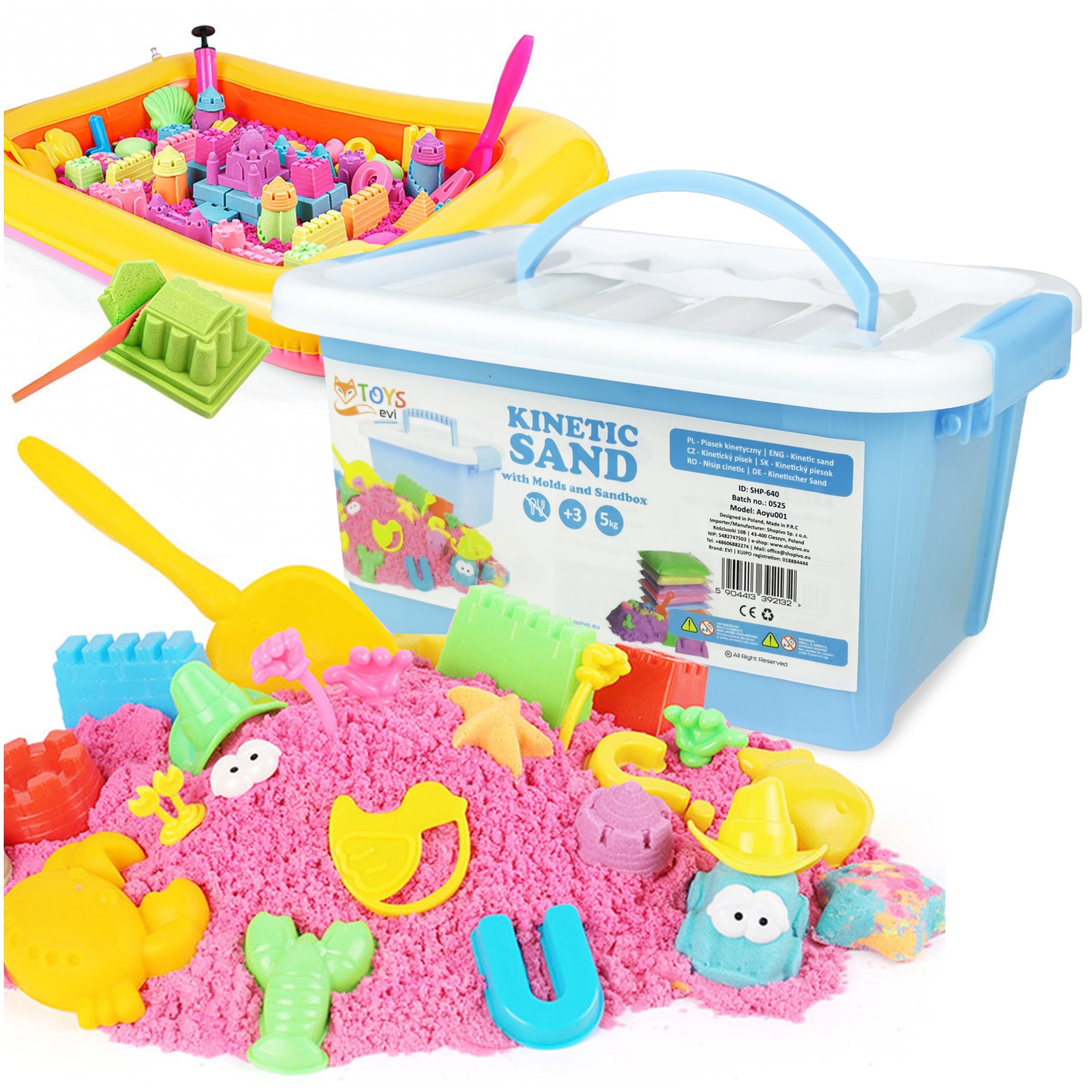 Set Nisip Kinetic XXL EVI Kids, 5 kg, 5 Culori, Piscina Gonflabila