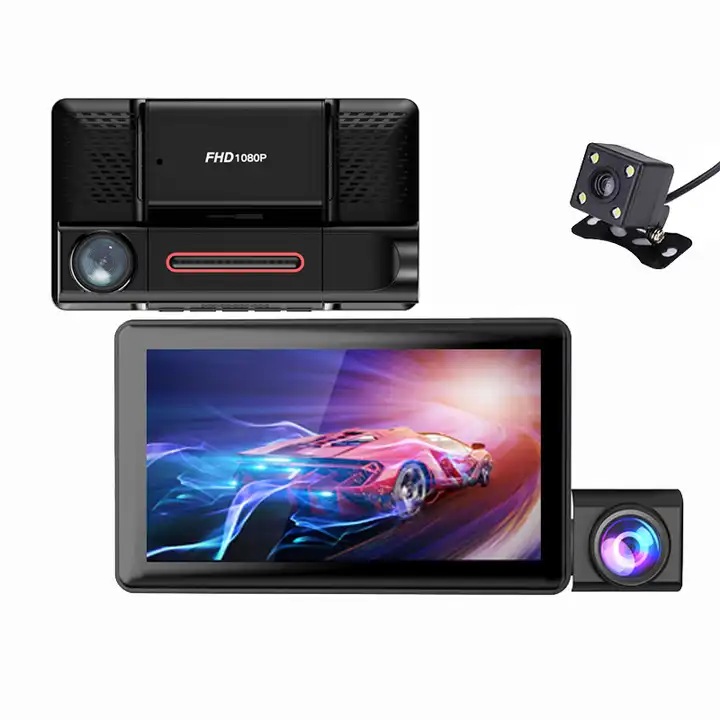 X208 Тройна камера за кола, предна, вътрешна и задна, 4" LCD екран, G сензор, 170 градусов ъгъл, засичане на движение, наблюдение на паркиране, слот за карта