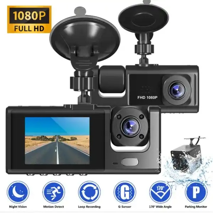 Видеорегистратор, Предна, Вътрешна и задна, S1, Full HD, 2" LCD екран, ъгъл 170 градуса, Детекция на движение, G сензор, Нощно виждане, Слот за карта