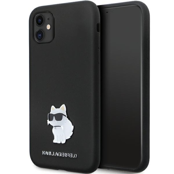 Karl Lagerfeld Silicone Choupette Metal Pin telefontok, TPU, fekete, iPhone 11 / Xr telefonhoz