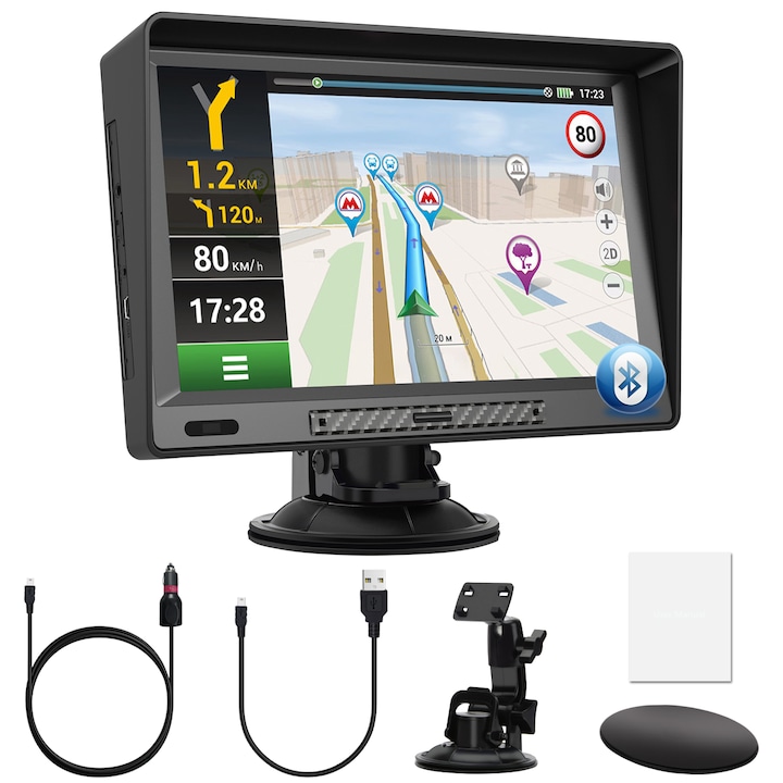 Bluetooth GPS navigációs rendszer, AWESAFE, 9 hüvelykes érintőképernyő, Európa 2023 térképek, 256 MB RAM, 8 GB belső memória