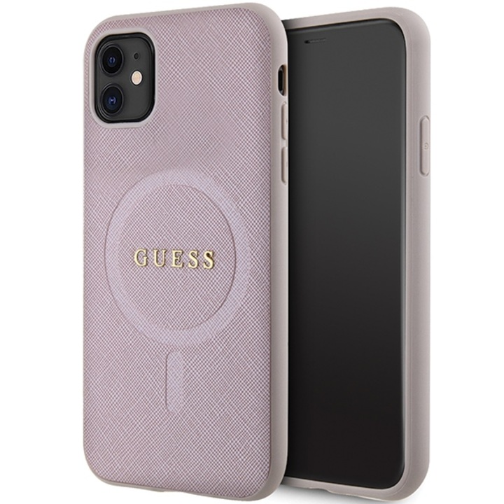 Guess Saffiano MagSafe telefontok, TPU/eco-bőr, piros, iPhone 11 / Xr 6.1" telefonhoz