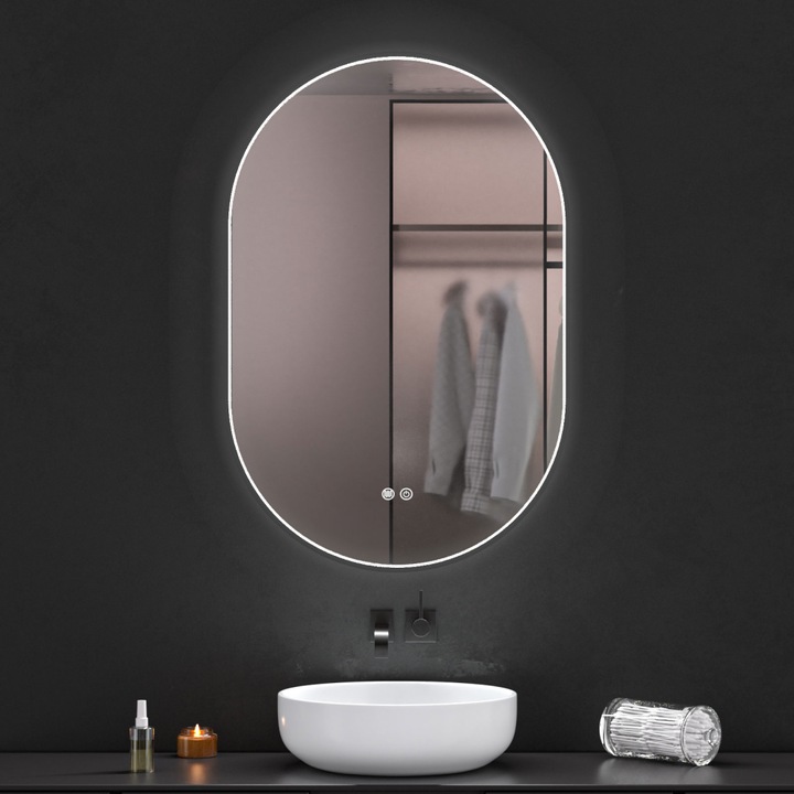 Oglinda ovala reversibila Relax LED-90-12-2K-NQ, 600 X 900 mm, cu rama neagra, cu trei tipuri de iluminare interioara, Led Touch