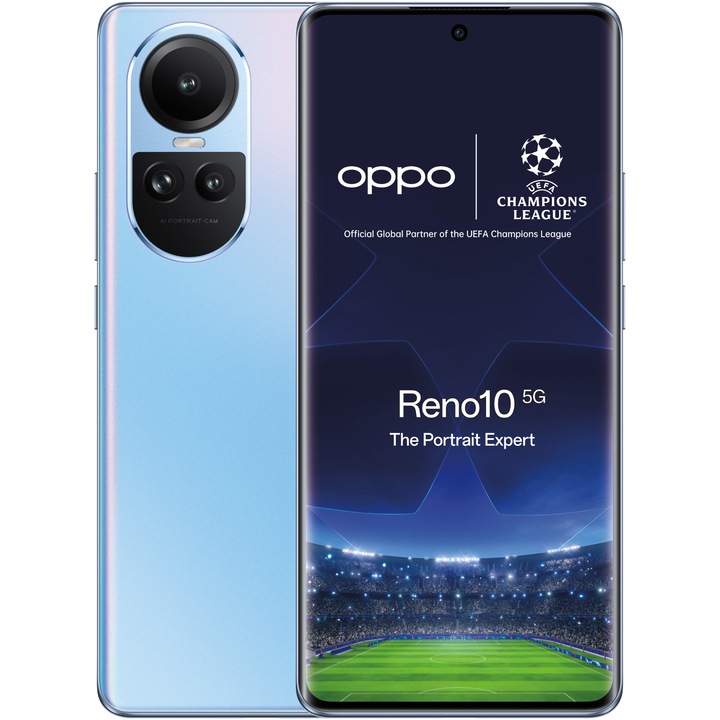 Telefon mobil OPPO Reno10 UEFA Champions League Edition, Dual SIM, 256GB, 8GB RAM, 5G, Ice Blue
