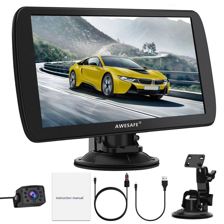 GPS navigációs rendszer, AWESAFE, 9 hüvelykes érintőképernyő, Bluetooth, Hátsó kamera, Hangos irányítás, Európa térképek 2023, Ingyenes térképfrissítések egész életen át