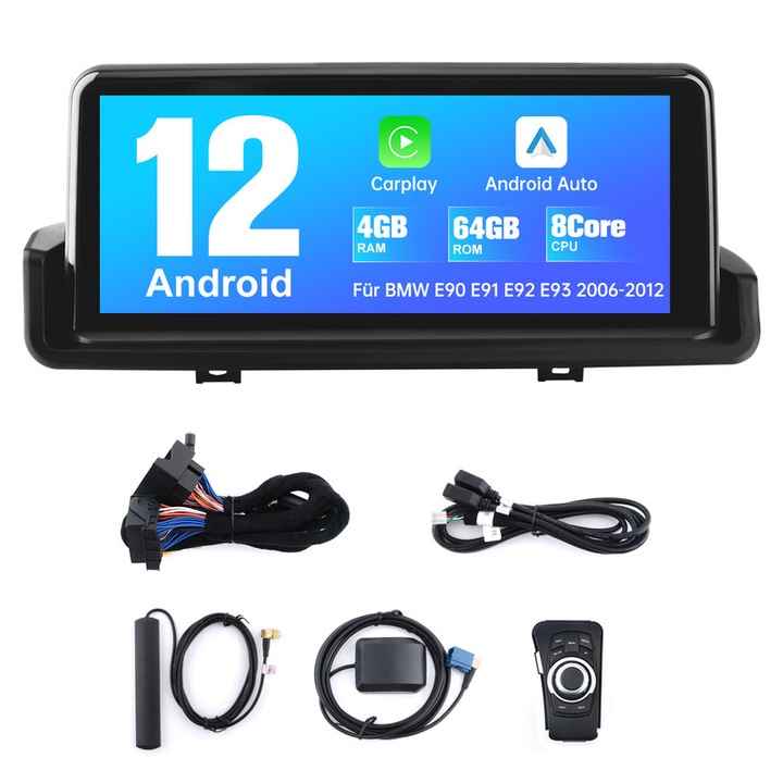 Navigáció BMW Series 3 E90/E91/E92/E93, AWESAFE, Android 12, 4GB+64GB, 10,25 hüvelykes érintőképernyő, Carplay, Android Auto, DSP, 4G SIM-kártya