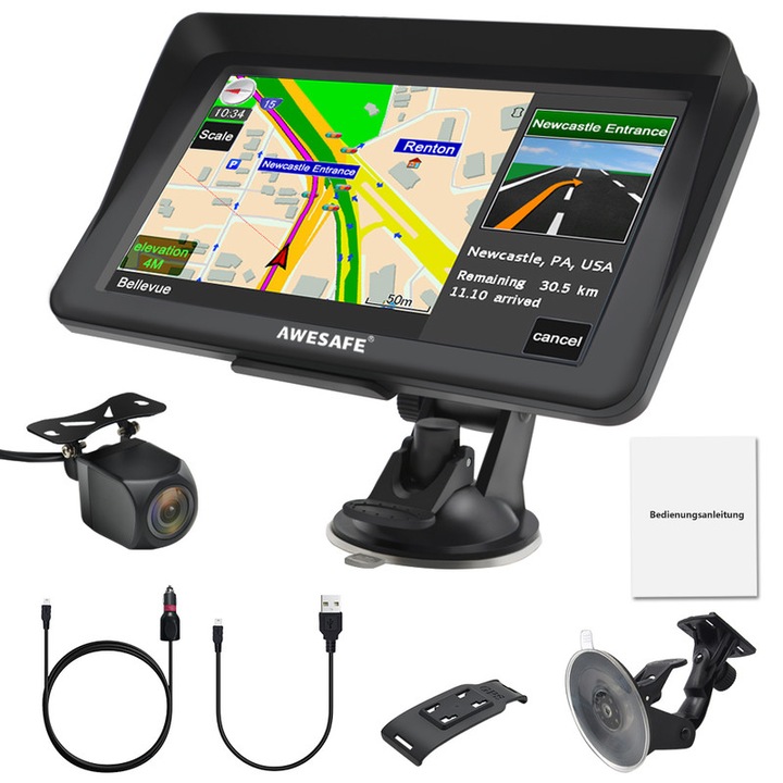 Navigatie GPS Bluetooth cu camera marsarier, AWESAFE, Ecran tactil de 7 inch, Harti Europa 2023, 256 MB RAM, 8 GB memorie interna, Harti 2D/3D, Planificare inteligenta a rutelor