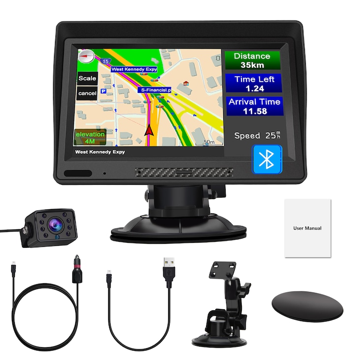 Bluetooth GPS navigáció tolatókamerával, AWESAFE, 9 hüvelykes érintőképernyő, Európa 2025 térképek, 256 MB RAM, 8 GB belső memória