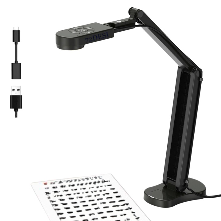 Camera scanner documente A4, A3 72DESI, 8 MP, 30 FPS, rezolutie 4K 4096 x 2160p, inregistrare video, transmisii live, predare on-line, focalizare automata, microfon dublu, compatibila cu Mac OSX, Windows, iOS, Android, Interfata USB 2.0, neagra