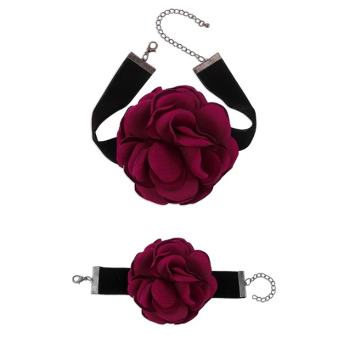 Set 2 piese, choker si bratara asortata, model cu floare eleganta, tematica fashion party, rosu inchis, EFAYN