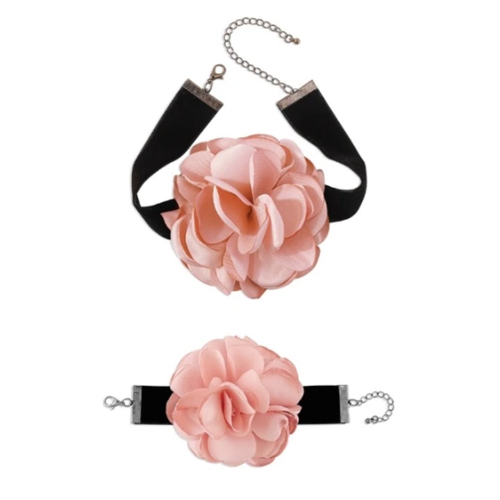 Set 2 piese, choker si bratara asortata, model cu floare eleganta, tematica fashion party, roz pal, EFAYN
