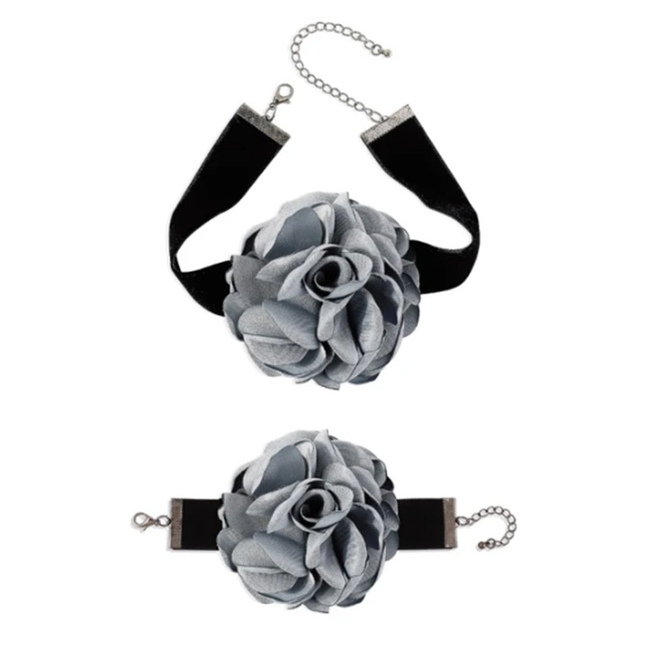 Set 2 piese, choker si bratara asortata, model cu floare eleganta, tematica fashion party, gri, EFAYN