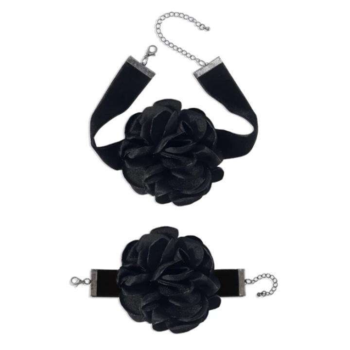 Set 2 piese, choker si bratara asortata, model cu floare eleganta, tematica fashion party, negru, EFAYN