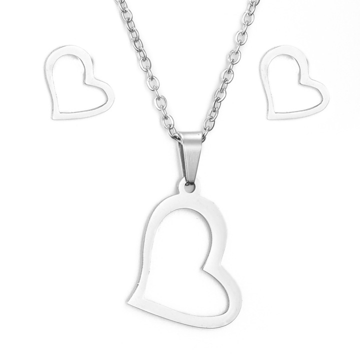 Set bijuterii dama pandantiv si cercei model inima inox 45 cm