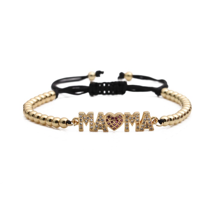 Bratara luxury cu charm inscriptionat "Mama", placata cu aur 24K, pietre zirconiu, tip snur, marime reglabila, auriu