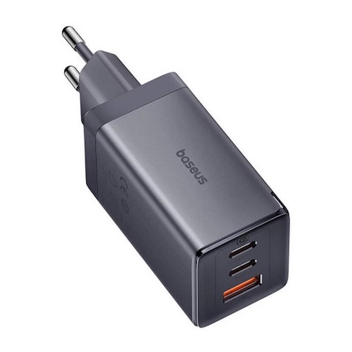 Мрежово зарядно устройство Baseus GaN5, 65W, 2x USB-C, 1x USB (Кабел USB-C включен), Сив