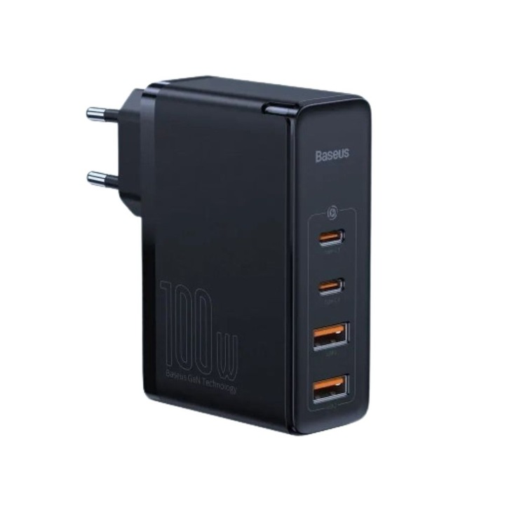 Бързо зарядно Baseus GaN5, 2x USB-C, 2x USB, 100W, включен USB-C кабел, сив