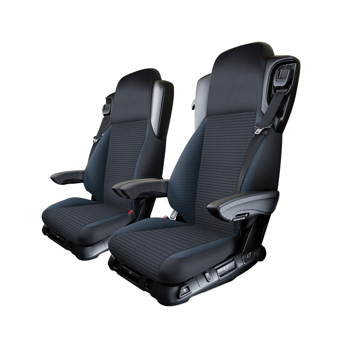 Set Husa Scaun Camion Avantgard, Lux Textil, Negru cu Cusaturi Albastre, pentru Mercedes ACTROS MP4 MP5 2011, 4 piese