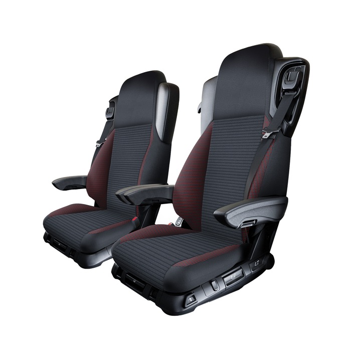 Set Husa Scaun Camion Avantgard, Lux Textil, Negru cu Cusaturi Rosie, pentru Mercedes ACTROS MP4 MP5 2011, 4 piese