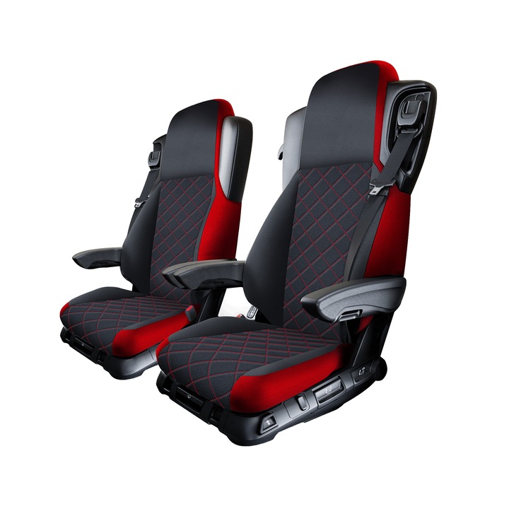 Set Husa Scaun Camion Avantgard, Lux Textil, Negru cu Cusaturi Romb Rosie, pentru Mercedes ACTROS MP4 MP5 2011, 4 piese