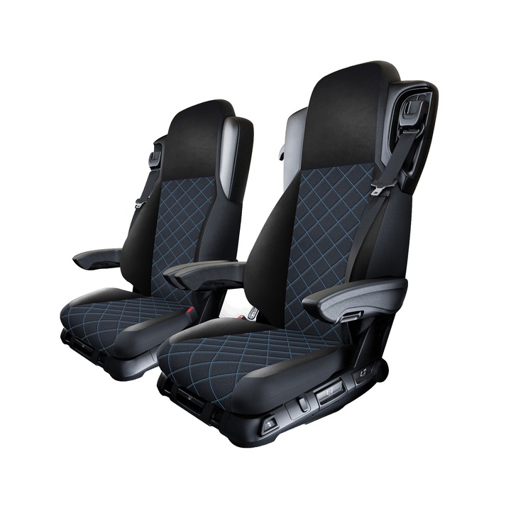Set Husa Scaun Camion Avantgard, Lux Piele si Textil, Negru cu Cusaturi Romb Albastre, pentru Mercedes ACTROS MP4 MP5 2011, 4 piese