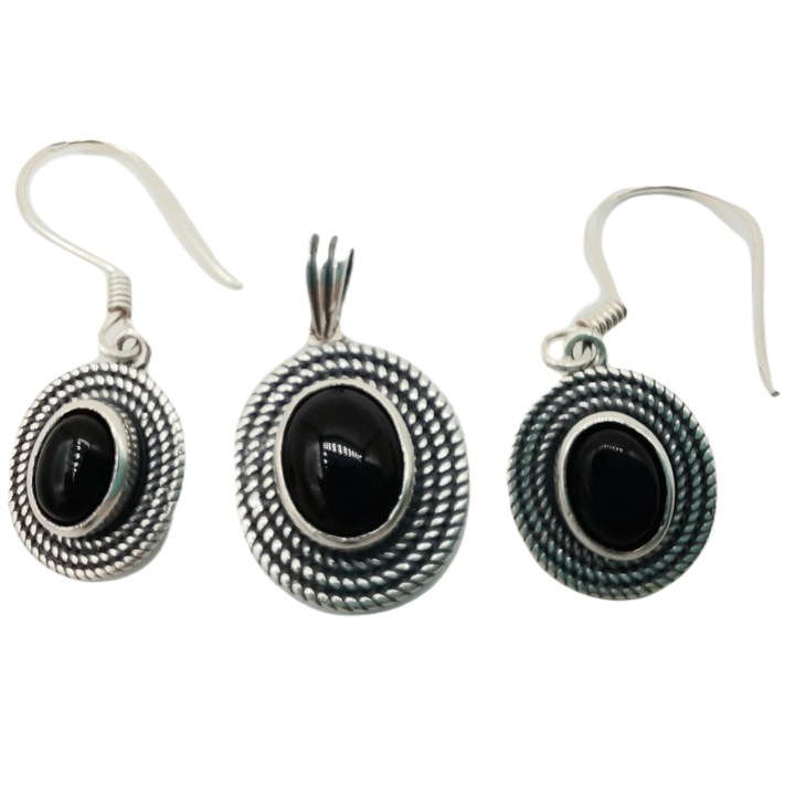 Set Cercei si Pandant Argint 925 cu Agate Negre Olimpia de 3 cm