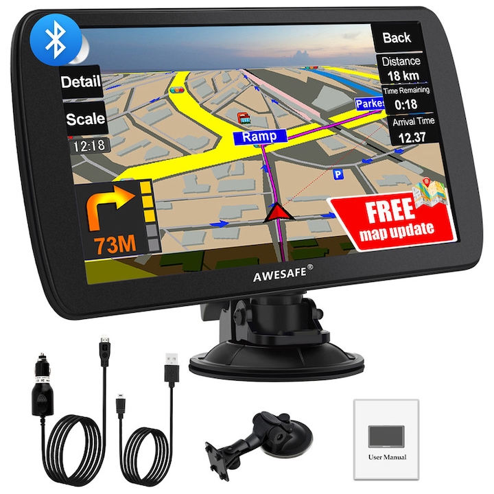 GPS navigációs rendszer, AWESAFE, 9 hüvelykes érintőképernyő, Bluetooth, Hangos irányítás, Európa térképek 2023, Ingyenes térképfrissítések egész életen át