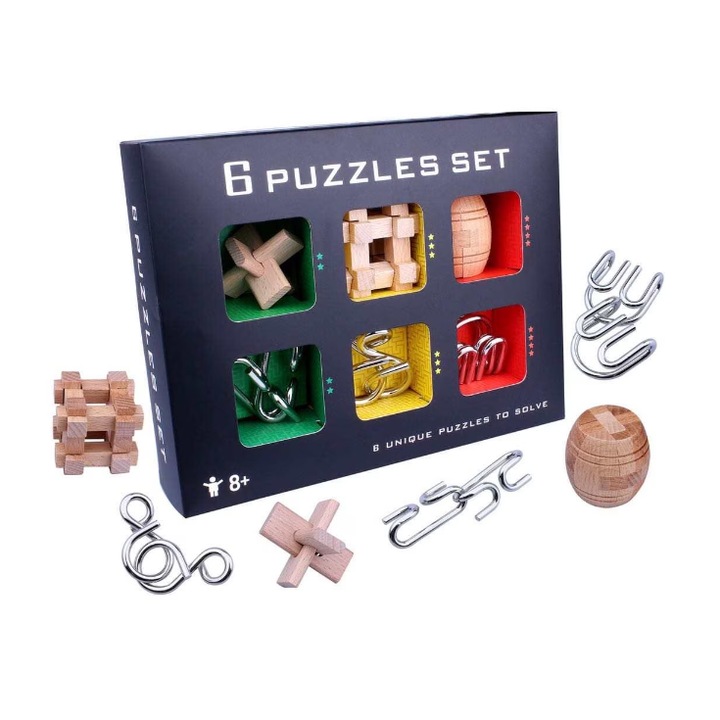 6 db Ælements® fa és fém 3D rejtvények, intelligencia játék, különböző nehézségi szintek, fekete doboz, +8 év