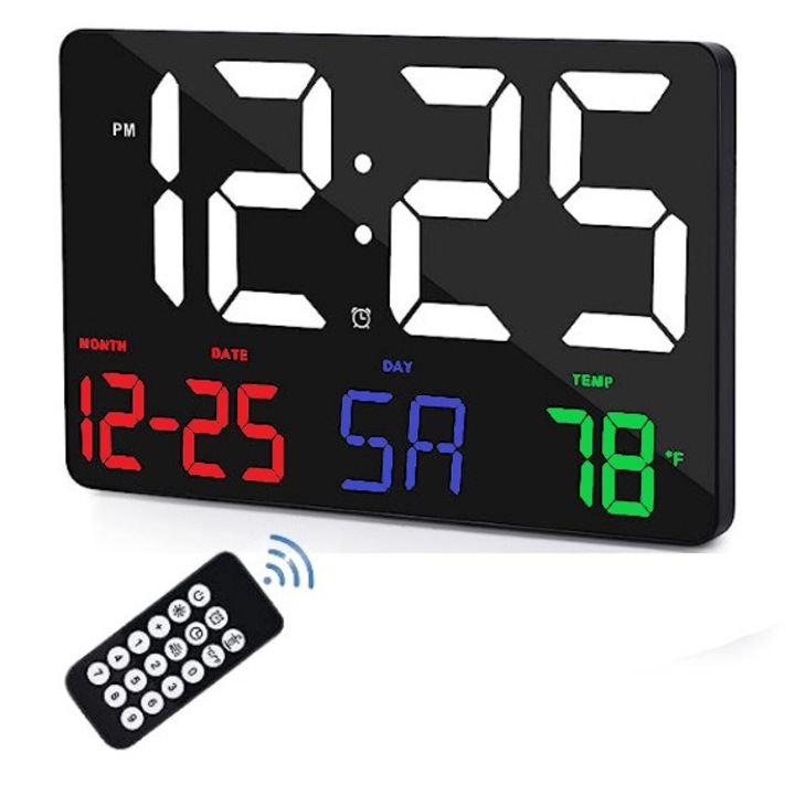Цифров настолен и стенен часовник с RGB LED светлина, календар, температура, аларма, термометър, функция за отлагане, регулируема яркост, 25x16 см