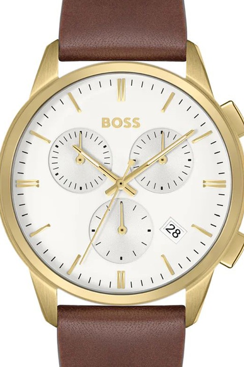 BOSS, Часовник с кожена каишка, Златист, Кафяв