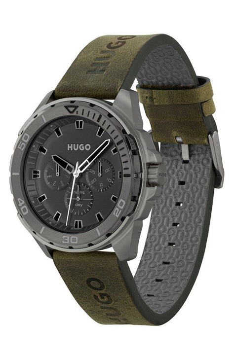 HUGO, Кварцов часовник от неръждаема стомана с велурена каишка, Каки, Тъмносребрист