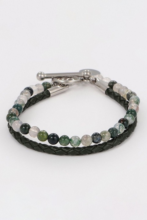 Rockstone, Bratara din piele cu pietre de agat, Negru, Argintiu, 18 CM