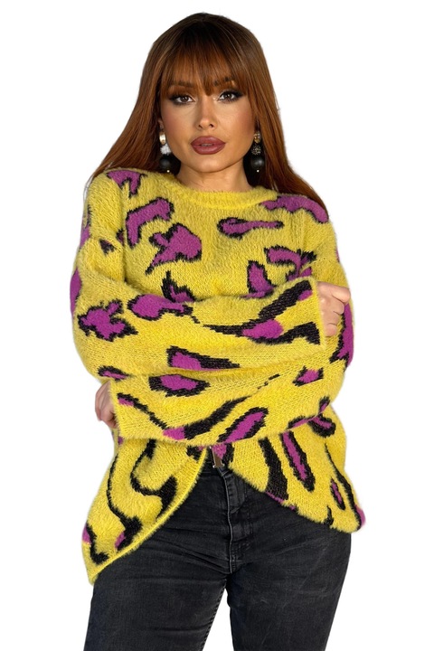 Pulover casual din material moale si pufos cu print colorat Universala, Muticolor