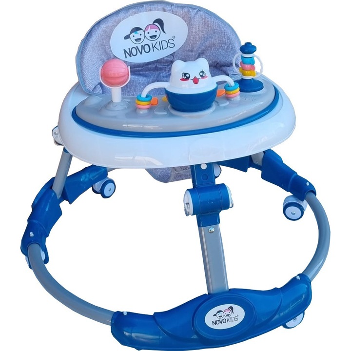 Premergator reglabil in 6 trepte de inaltime NOVOKIDS™ Little Kitty, Cu melodii, Pliabil, Max 20 kg, Roti silentioase, Model Pisicuta, Albastru