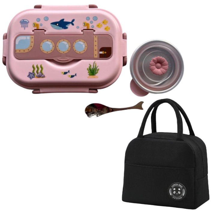 Caserola roz Solid Volt, compartimentata, pentru copii, din inox, cu geanta termoizolanta, negru