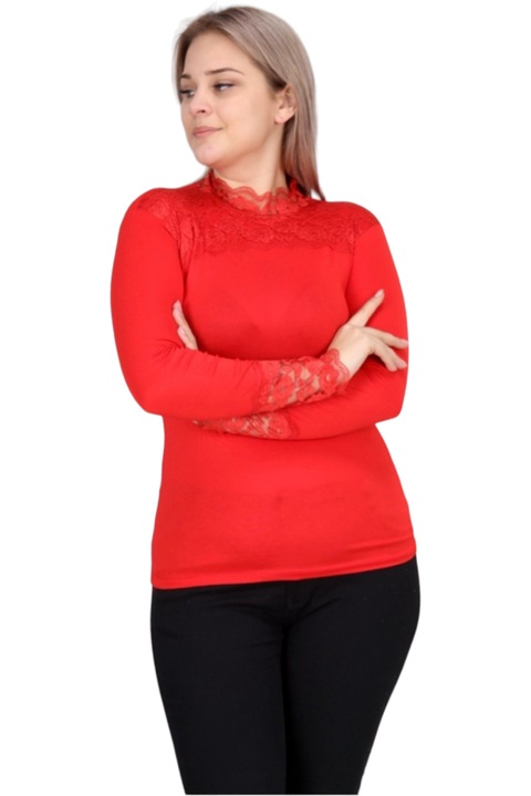 Bluza dama, StarFashion, cu dantela la baza gatului si pe mansete, cu maneca lunga, Rosu, L-XL