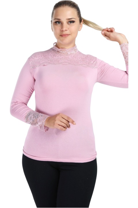 Bluza dama, StarFashion, cu dantela la baza gatului si pe mansete, cu maneca lunga, Lila, L-XL