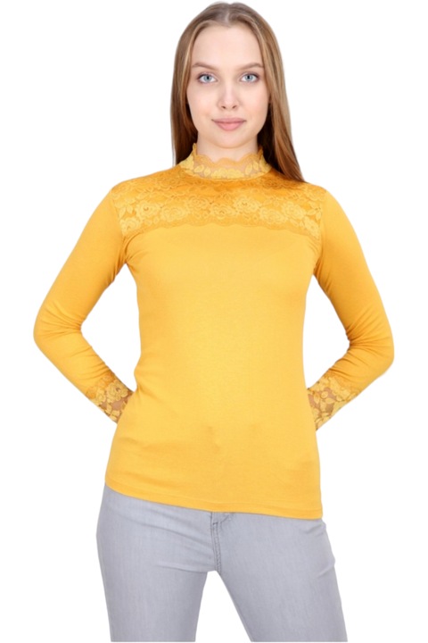 Bluza dama, StarFashion, cu dantela la baza gatului si pe mansete, cu maneca lunga, Galben, L-XL