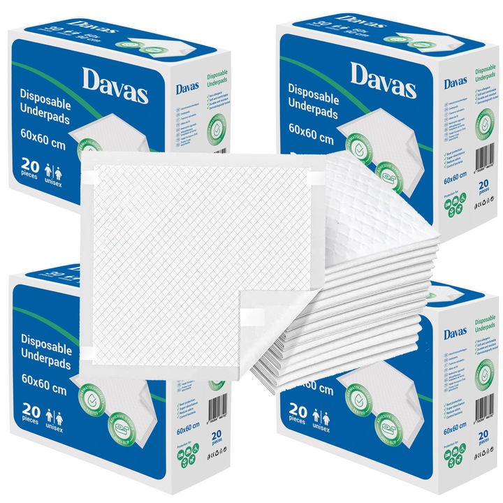 Protectii pat (aleze) Davas, 60x60 cm, 80 buc, gama premium 5 straturi, cu benzi adezive