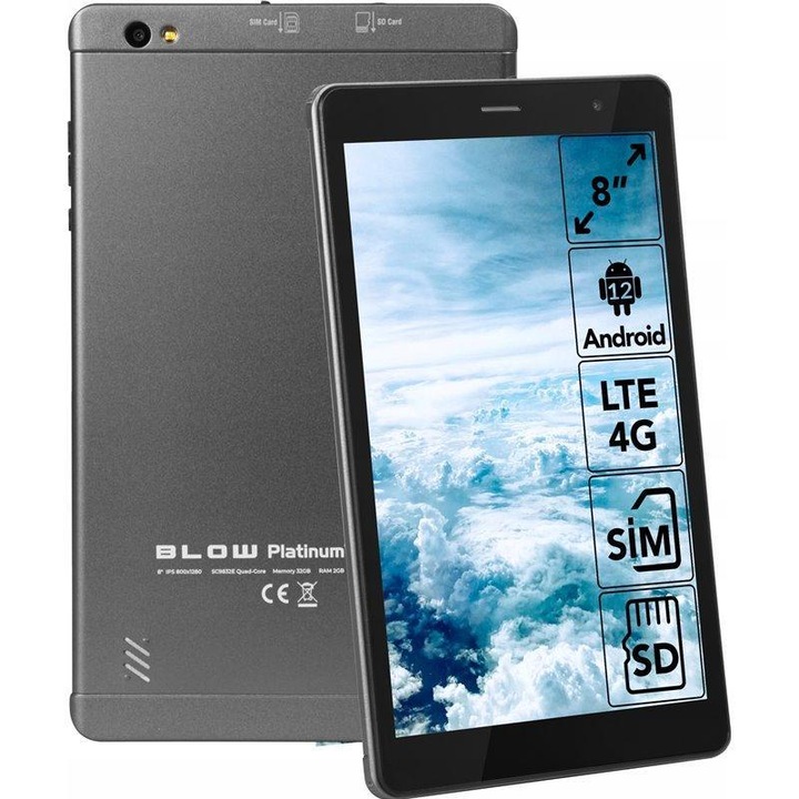 Tableta Blow Platinum TAB 8 V3, Procesor Octa-Core Cortex A7 1.6GHz, Ecran LCD IPS 8", 4GB RAM, 64GB Flash, 5MP+8MP, Bluetooth, Wi-Fi, 4G, Android Gri