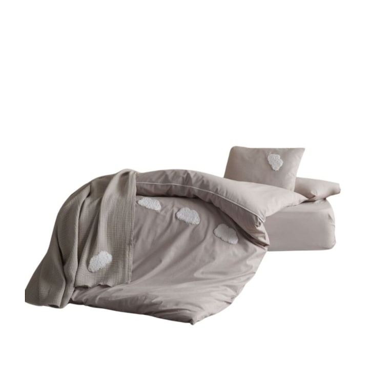Baba ágynemű készlet - ágynemű és muszlin takaró dombornyomott hímzéssel, 100% ranforce pamut, 5 db, 120x160 cm, Class Home Collection, Felhőbarna