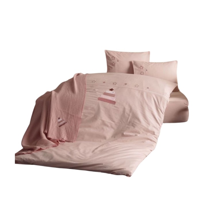 Baba ágynemű készlet - ágynemű és muszlin takaró dombornyomott hímzéssel, 100% ranforce pamut, 5 db, 120x160 cm, Class Home Collection, Torta rózsaszín