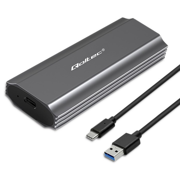 Set Carcasa Pentru Ssd M.2 Nv2271, Qoltec, Standard: Nvme Sata, Viteza De Transfer: Nvme: 10 Gb/S, Ngff: 5 Gb/S, Interfata: Usb-C 3.1 Gen2, Aluminiu, Dimensiuni: 40 x 109 x 14 mm, Culoare: Gri